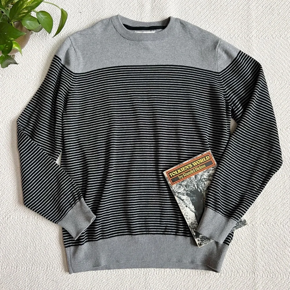 Frederick Anderson Copenhagen Grey Black Striped Cotton Knit Sweater Mens Large